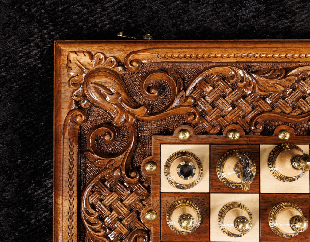 Classic Chess–Backgammon Board with Ornamental Braid Pattern & Epoxy Resin – 60 cm | 23.6"