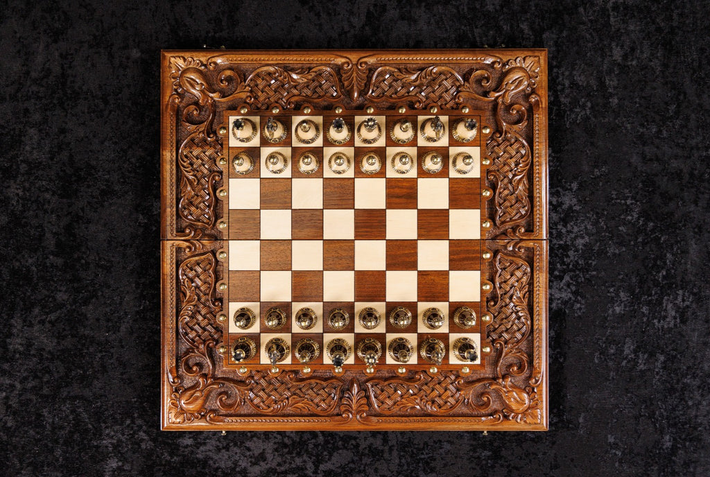 Classic Chess–Backgammon Board with Ornamental Braid Pattern & Epoxy Resin – 60 cm | 23.6"