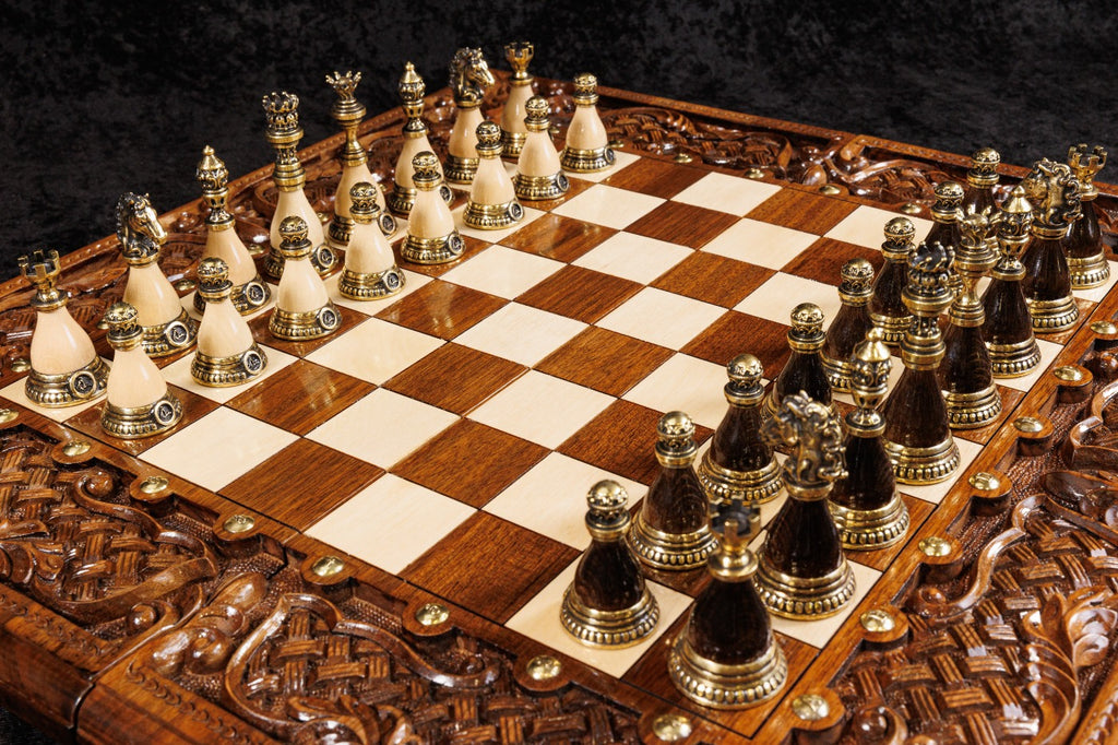 Classic wooden chess and backgammon set featuring decorative braid artwork and resin accents