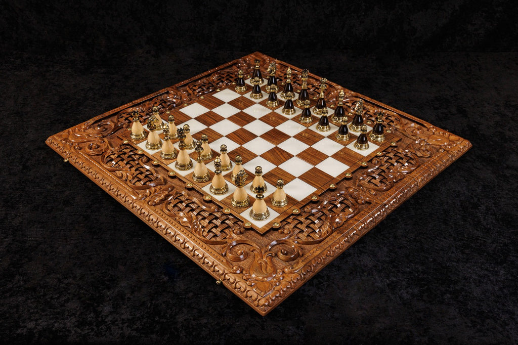 Handcrafted chess backgammon board with ornamental braid pattern and epoxy resin 70 cm