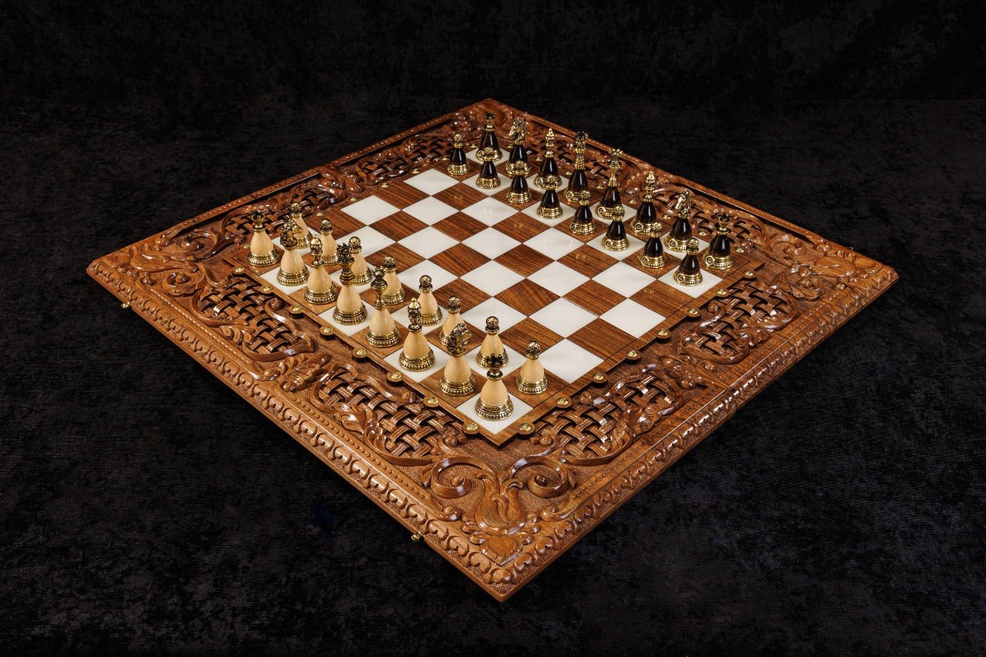 Handcrafted chess backgammon board with ornamental braid pattern and epoxy resin 70 cm