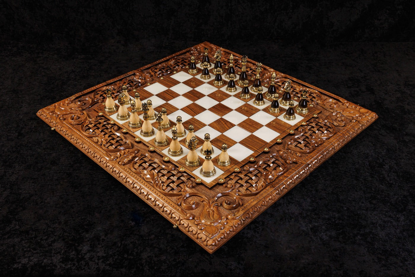 Handcrafted chess backgammon board with ornamental braid pattern and epoxy resin 70 cm