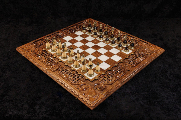 Handcrafted chess backgammon board with ornamental braid pattern and epoxy resin 70 cm