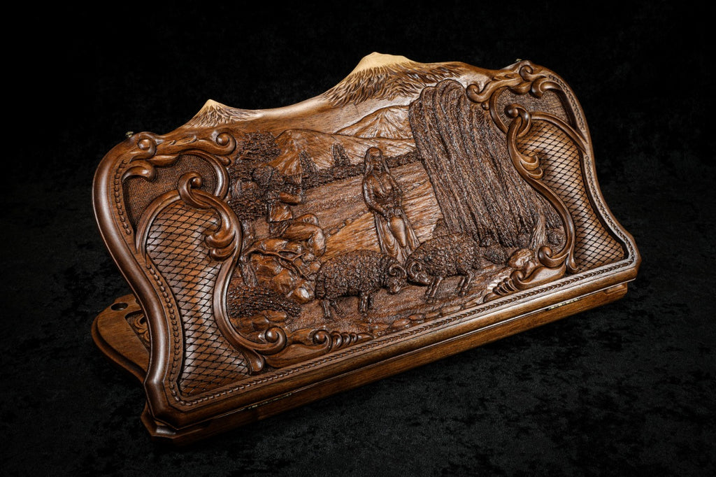 Luxury wooden backgammon board inspired by rural Armenian scenery with Mount Ararat motif
