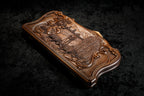 "Rural Scene" Inlay Copyrighted Mount Ararat Outline backgammon set - close-up of the carved design