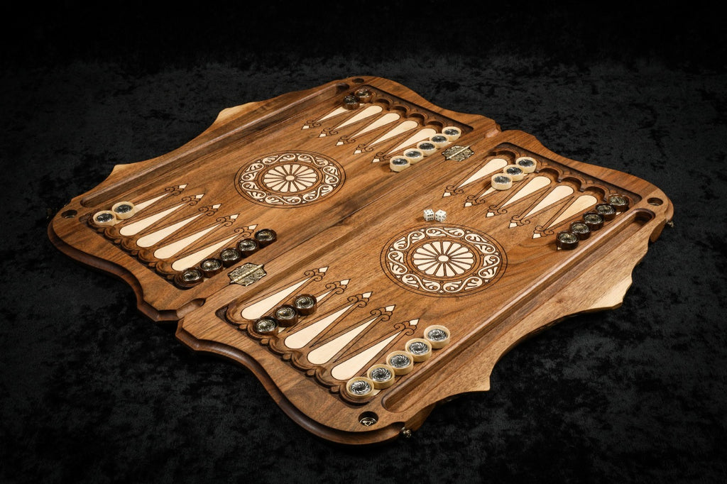 Handcrafted wooden backgammon board featuring a rural village scene and copyrighted Mount Ararat outline