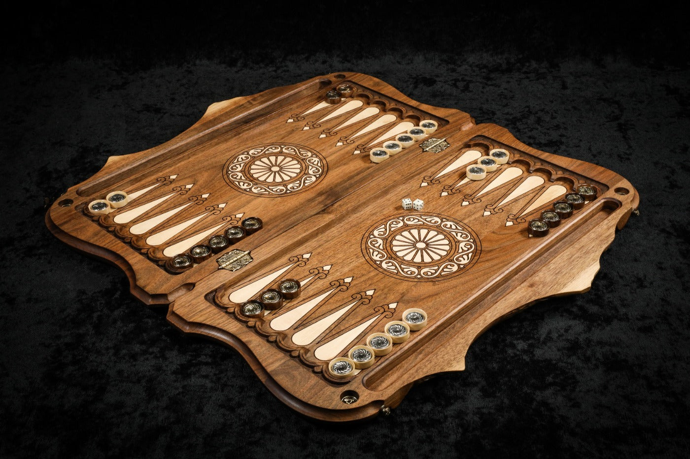 Handcrafted wooden backgammon board featuring a rural village scene and copyrighted Mount Ararat outline