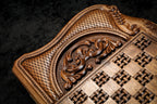"Rural Scene" Inlay Copyrighted Mount Ararat Outline backgammon set - open board ready for play