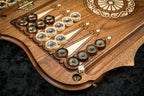 "Rural Scene" Inlay Copyrighted Mount Ararat Outline backgammon set - playing pieces and dice arranged on the board