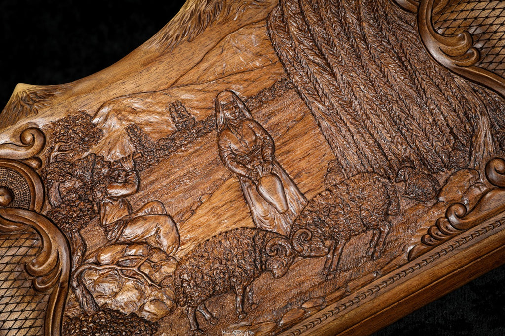 Armenian artisan backgammon set with decorative wood inlay and countryside landscape design