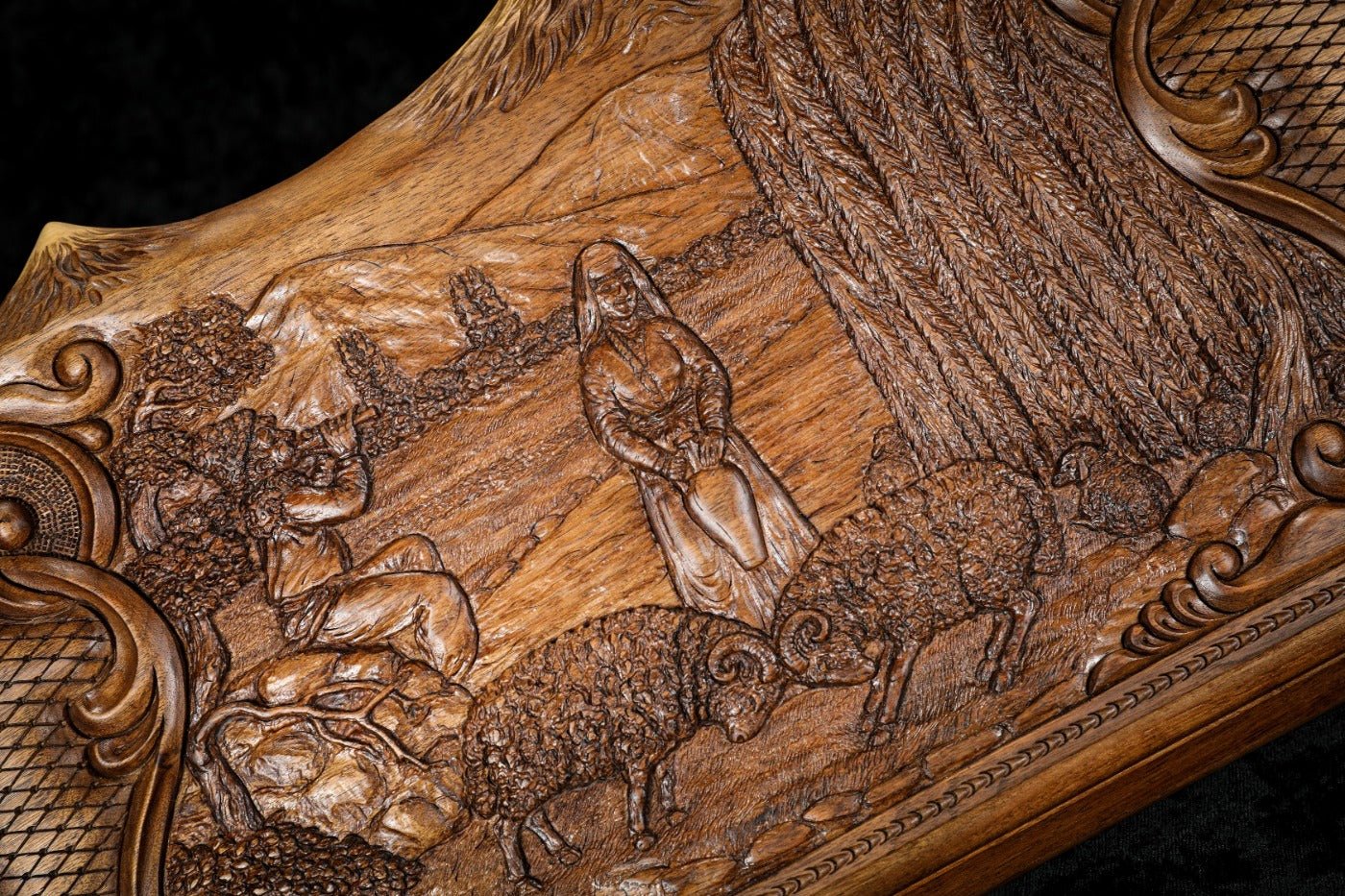 Armenian artisan backgammon set with decorative wood inlay and countryside landscape design