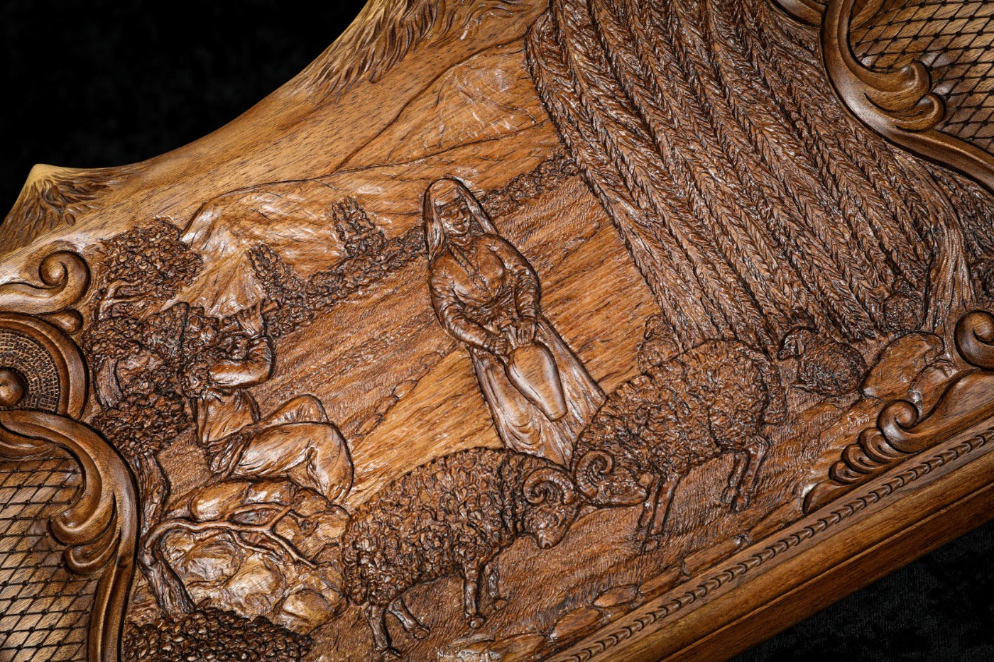 Armenian artisan backgammon set with decorative wood inlay and countryside landscape design