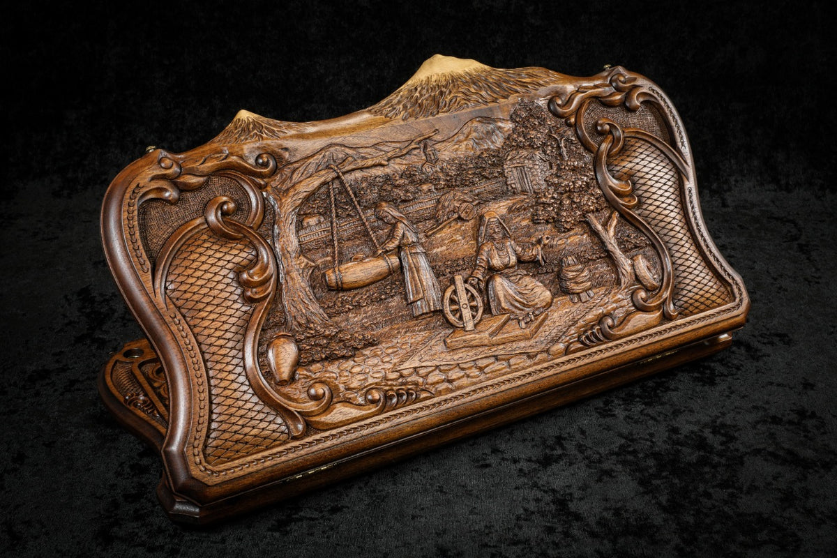 Luxury village scene walnut backgammon set closed, women at the spinning wheel and churn in deep relief, Ararat peaks, 60 cm