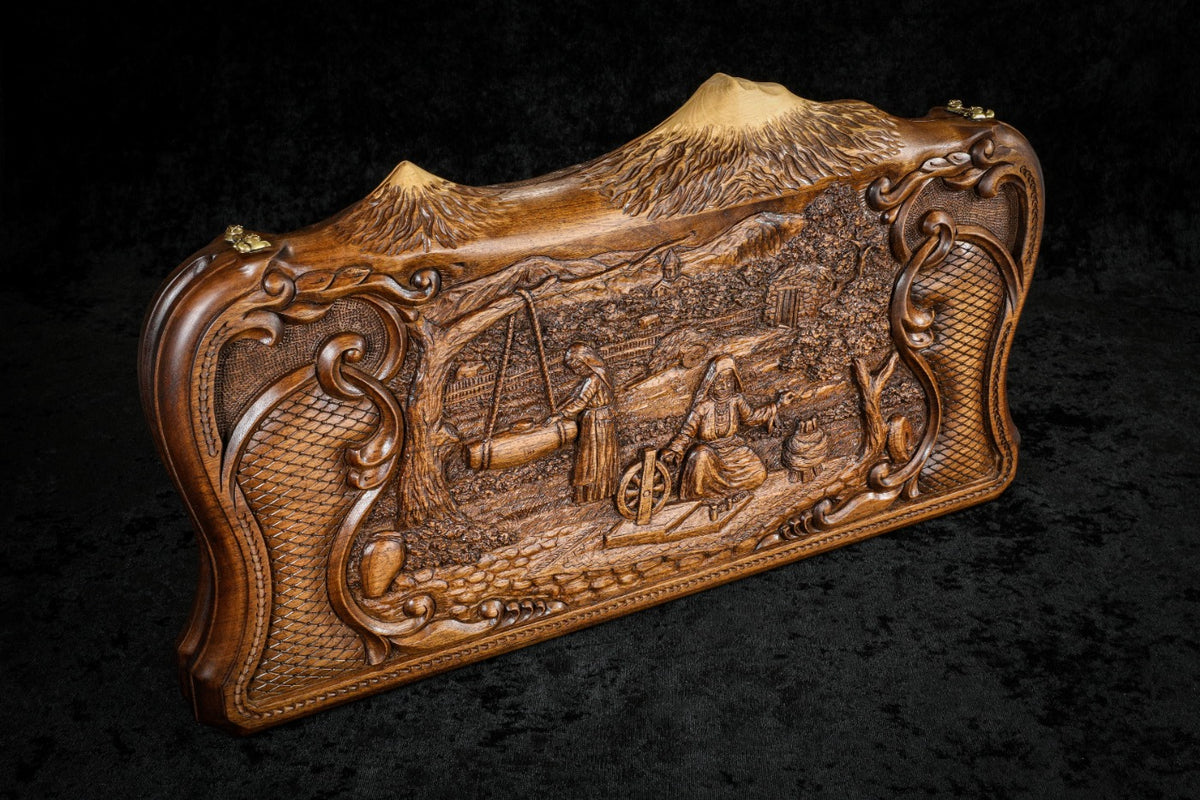 Village scene backgammon set closed, angled view with the Ararat peaks along the top