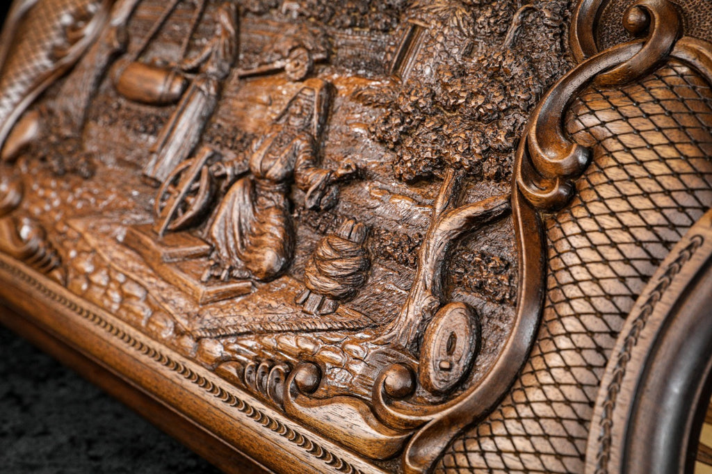 Village scene in deep relief with the scroll frame, seen from the side
