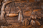 Butter churn hanging from the tree beside the seated woman, carved in deep relief, close-up