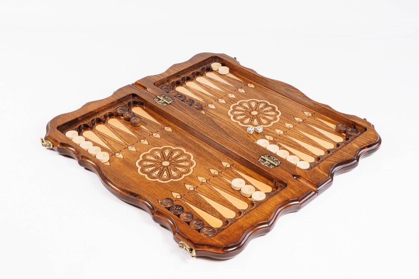 Handcrafted chess set with decorative pattern styling and integrated backgammon board