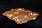 Backgammon side of the set open with hornbeam-inlaid points, checkers and dice on the 60 cm board