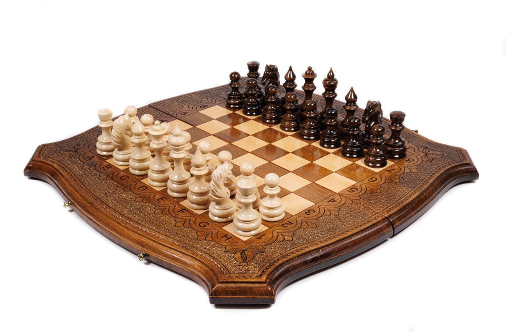 Luxury Armenian wooden chess set with contour outline design