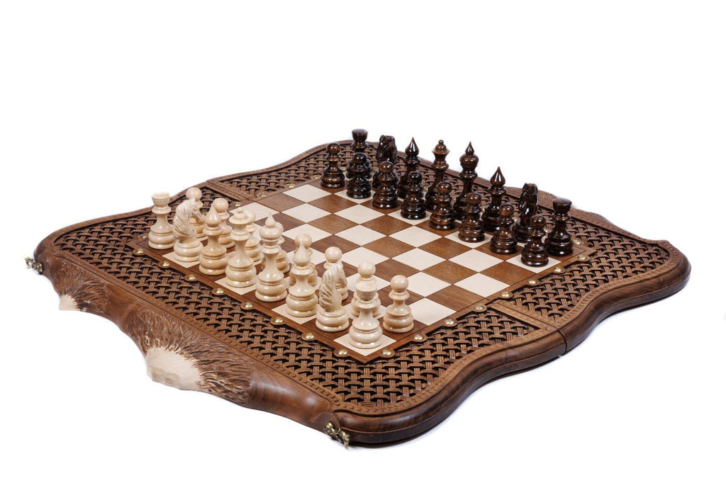 Luxury wooden chess set in solid walnut with basket weave braid border and live edge contour outline — by Hrachya Ohanyan