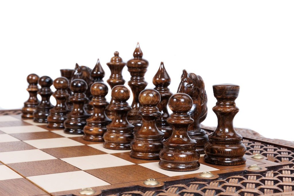 Luxury Wooden Carved Chess Set & Backgammon With Ornamental Braid 60 cm | 23.6" - Unumperfectus