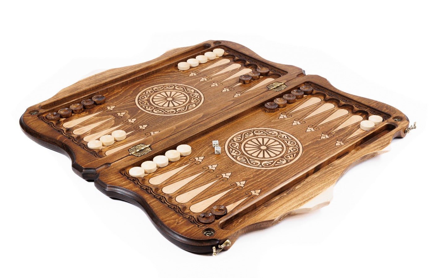 Solid walnut luxury chess and backgammon set with hand-carved basket weave border and sculpted contour outline edges