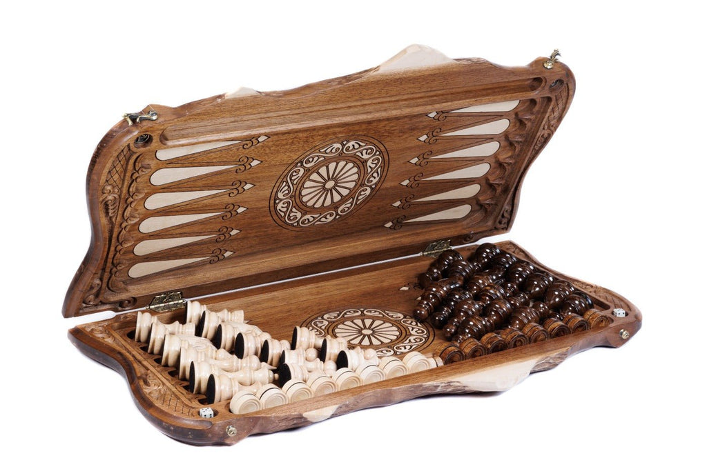 Luxury Wooden Carved Chess Set & Backgammon With Ornamental Braid 60 cm | 23.6" - Unumperfectus