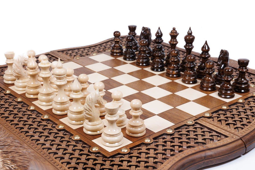 Handcrafted luxury walnut chess board and backgammon set with ornamental braid carving and natural live edge shaped border