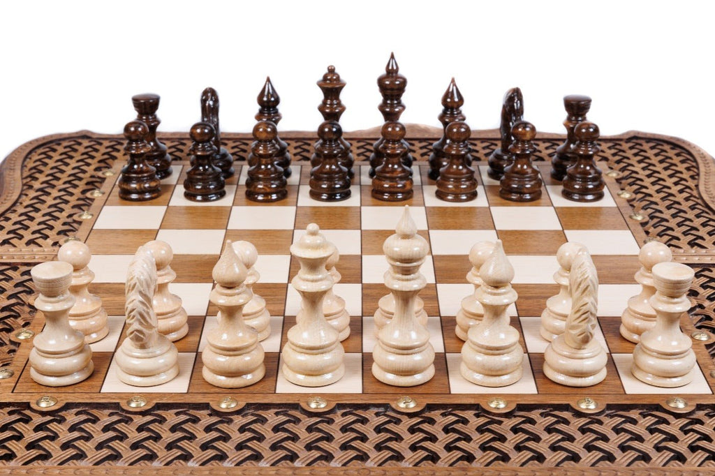 Luxury Wooden Carved Chess Set & Backgammon With Ornamental Braid 60 cm | 23.6" - Unumperfectus
