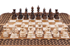 Carved Ornamental Braid chess and backgammon set - close-up of hand-carved chess pieces