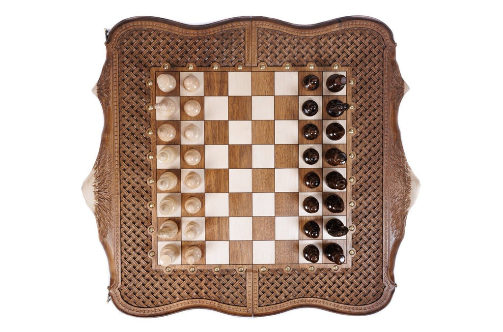 Luxury Wooden Carved Chess Set & Backgammon With Ornamental Braid 60 cm | 23.6" - Unumperfectus