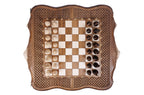 Carved Ornamental Braid chess and backgammon set - chess pieces set up for play