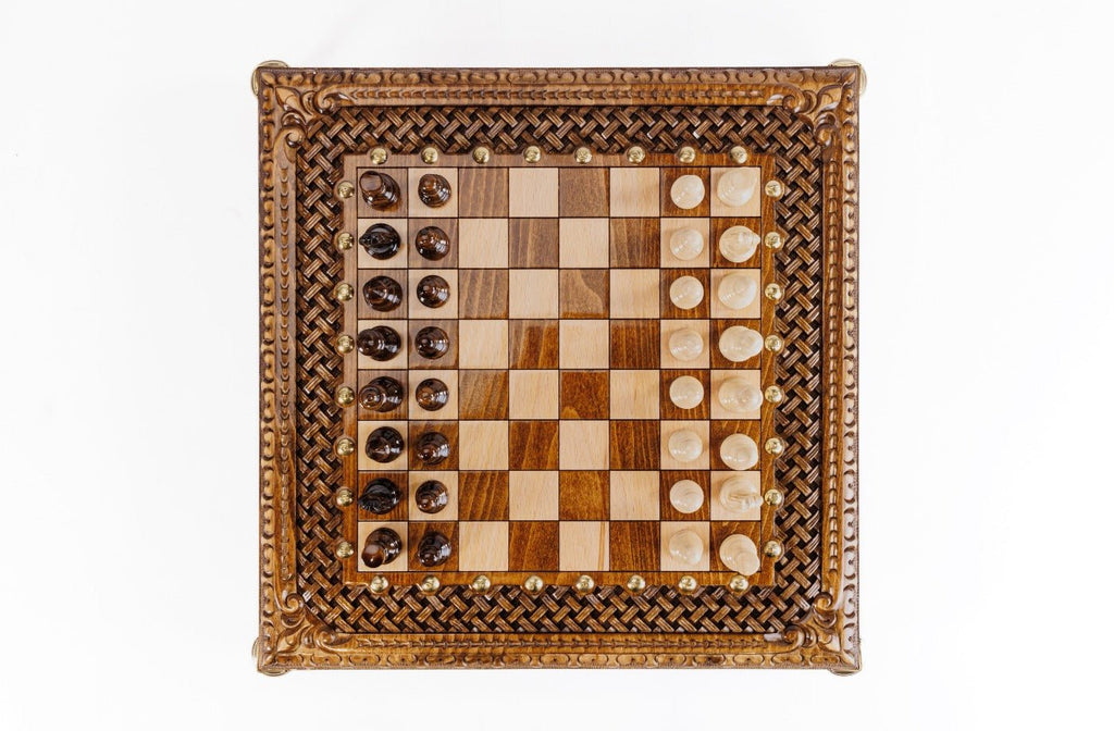 Premium artisan chess set square wooden luxury craftsmanship with bronze legs