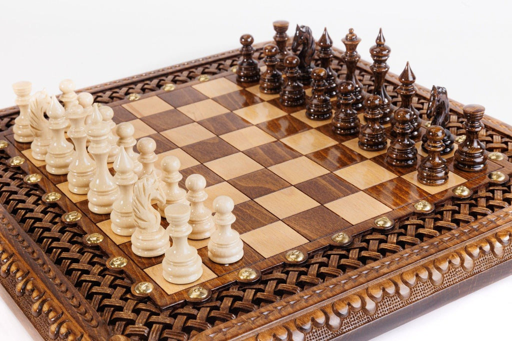 Handcrafted Armenian wooden chess board elevated bronze support style