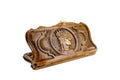 Angled view of the closed wooden backgammon case displaying the majestic Tigran the Great carving alongside the Mount Ararat contour.