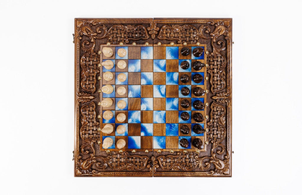 Hand Carved Luxury Wooden Chess Set & Backgammon — Ornamental Braid & Blue Epoxy 60 cm | 23.6" - Unumperfectus