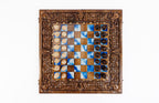Hand Carved Ornamental Braid Blue Epoxy chess and backgammon set - chess pieces set up for play