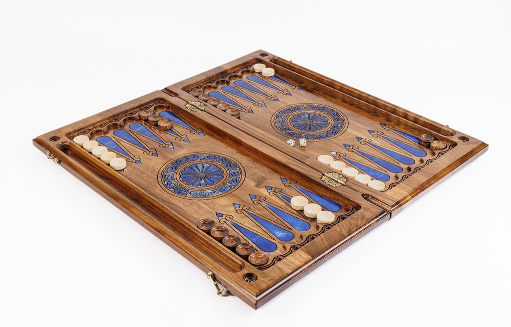Solid walnut luxury chess and backgammon set with blue epoxy resin playing squares and floral scroll carvings