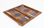 Solid walnut luxury chess and backgammon set with blue epoxy resin playing squares and floral scroll carvings