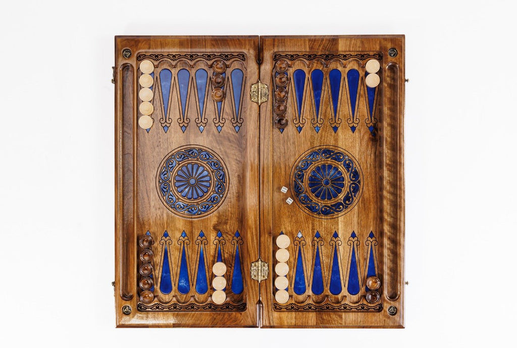 Hand Carved Luxury Wooden Chess Set & Backgammon — Ornamental Braid & Blue Epoxy 60 cm | 23.6" - Unumperfectus