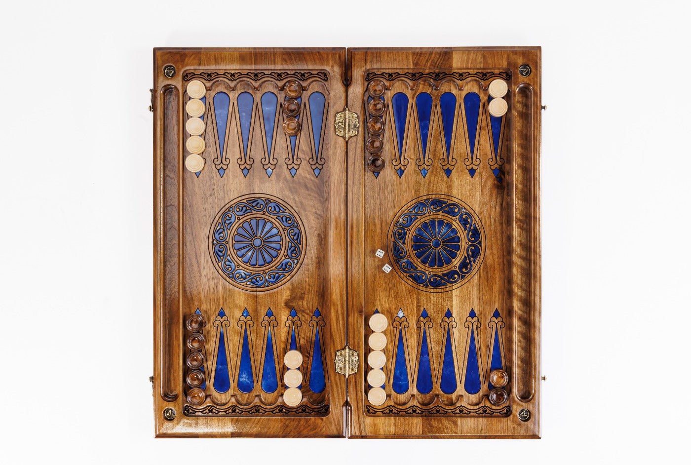 Hand Carved Luxury Wooden Chess Set & Backgammon — Ornamental Braid & Blue Epoxy 60 cm | 23.6" - Unumperfectus