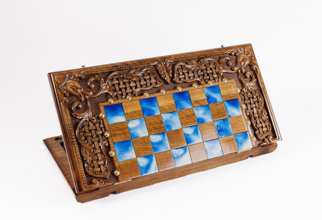 Hand Carved Luxury Wooden Chess Set & Backgammon — Ornamental Braid & Blue Epoxy 60 cm | 23.6" - Unumperfectus