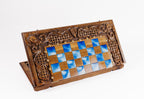 Hand Carved Ornamental Braid Blue Epoxy chess and backgammon set in epoxy resin and wood by Hrachya Ohanyan