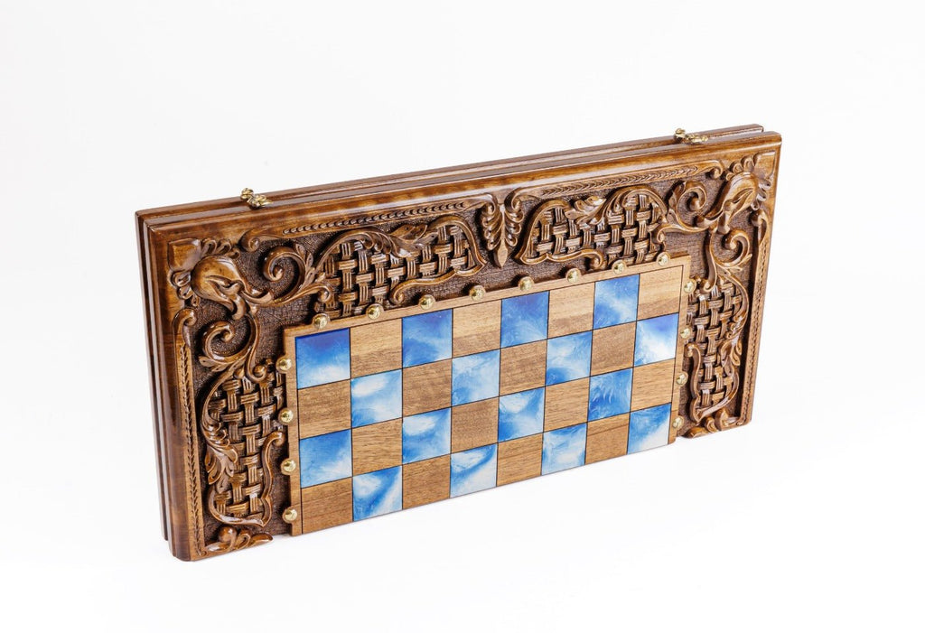 Hand Carved Luxury Wooden Chess Set & Backgammon — Ornamental Braid & Blue Epoxy 60 cm | 23.6" - Unumperfectus