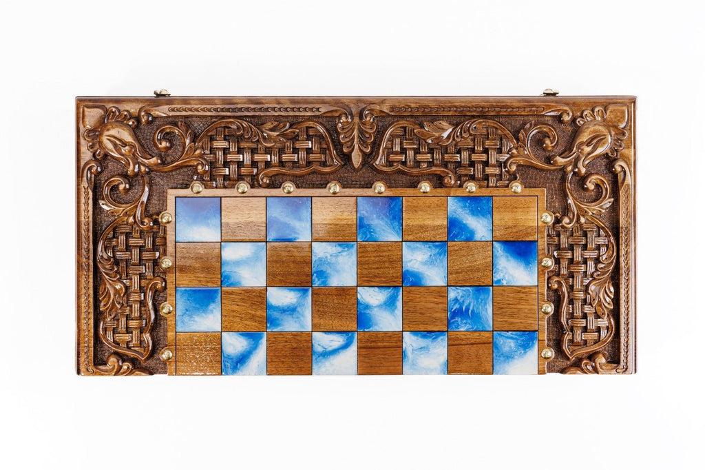 Hand Carved Luxury Wooden Chess Set & Backgammon — Ornamental Braid & Blue Epoxy 60 cm | 23.6" - Unumperfectus