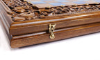 Hand Carved Ornamental Braid Blue Epoxy chess and backgammon set - carrying case included