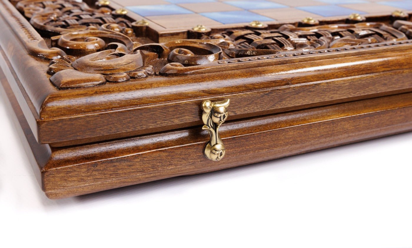 Hand Carved Luxury Wooden Chess Set & Backgammon — Ornamental Braid & Blue Epoxy 60 cm | 23.6" - Unumperfectus