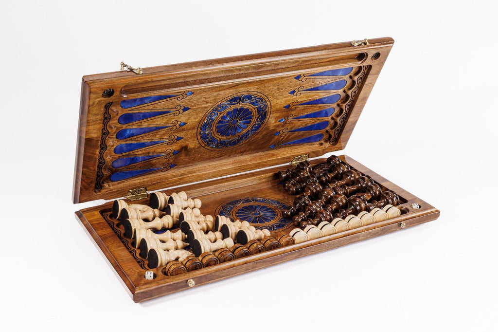Hand Carved Luxury Wooden Chess Set & Backgammon — Ornamental Braid & Blue Epoxy 60 cm | 23.6" - Unumperfectus