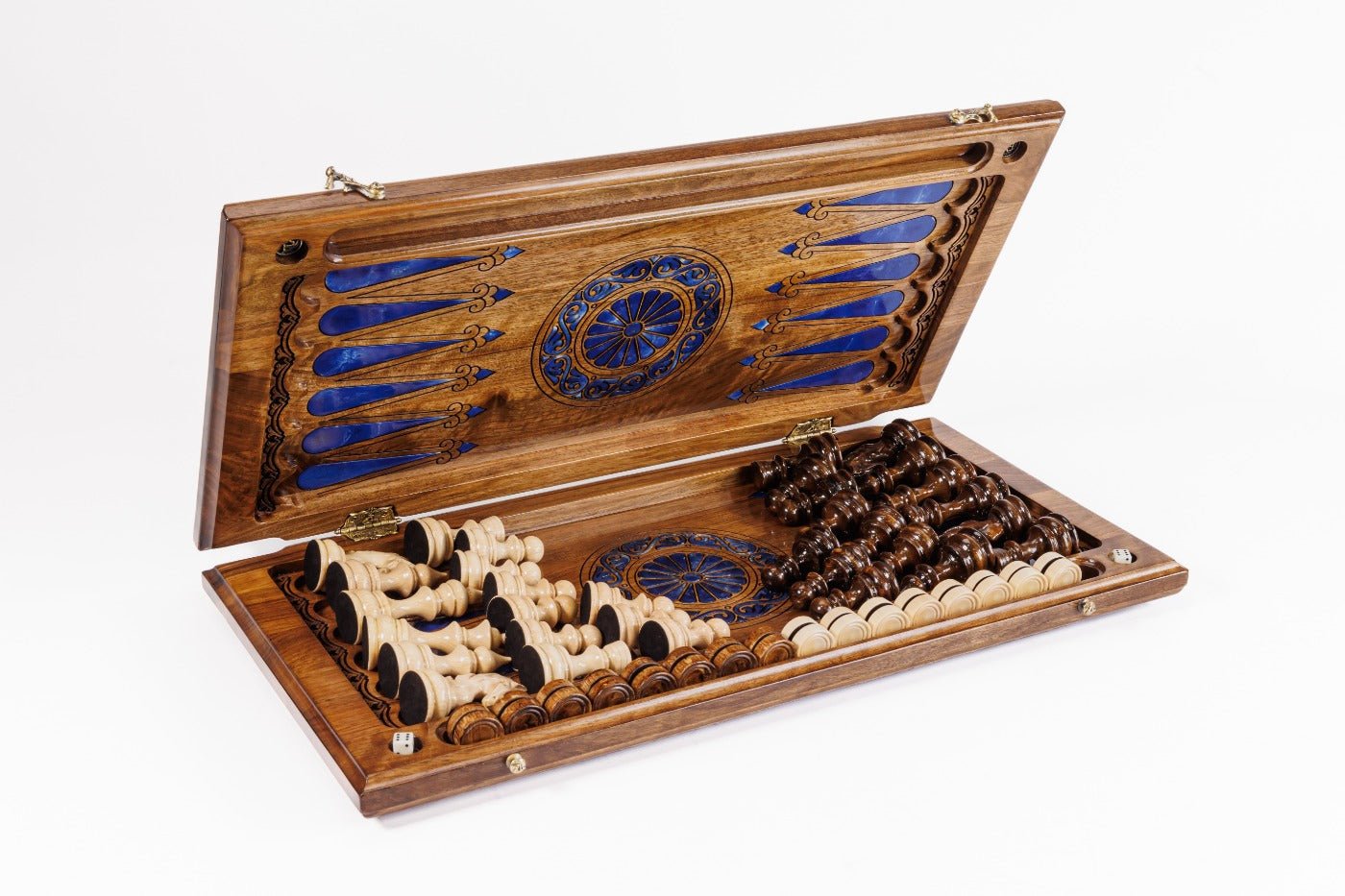 Hand Carved Luxury Wooden Chess Set & Backgammon — Ornamental Braid & Blue Epoxy 60 cm | 23.6" - Unumperfectus
