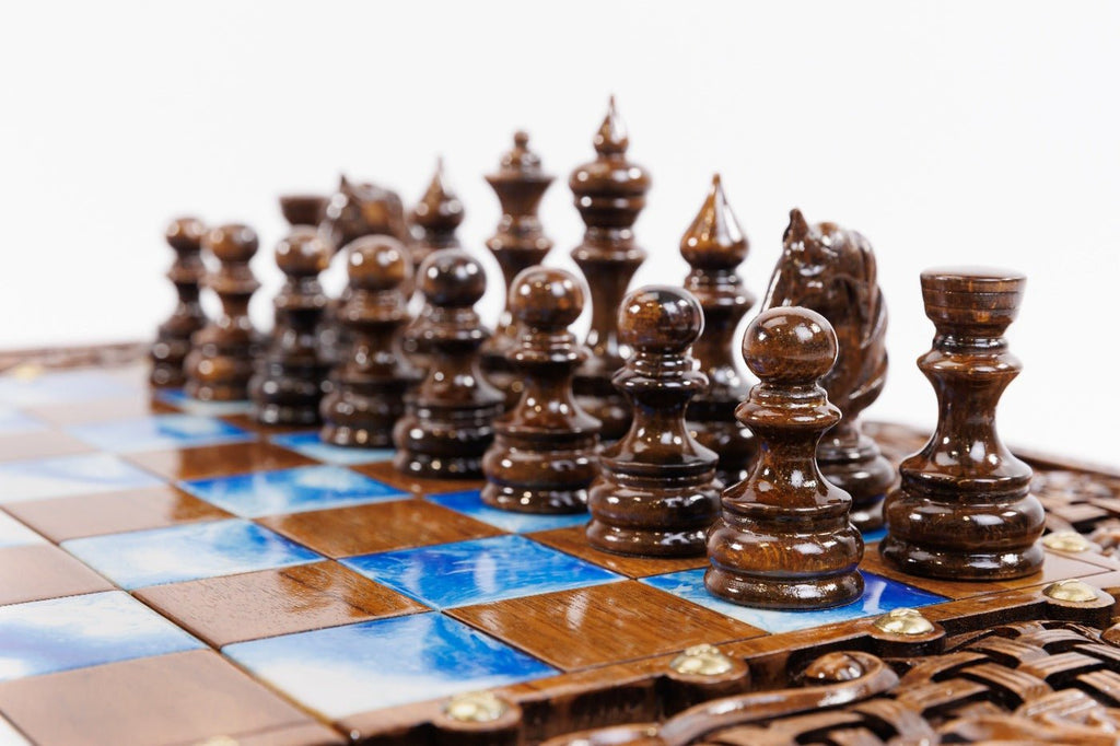 Hand Carved Luxury Wooden Chess Set & Backgammon — Ornamental Braid & Blue Epoxy 60 cm | 23.6" - Unumperfectus